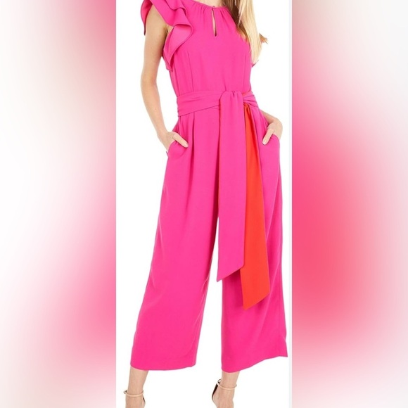 NWT, J. Crew Ruffle Sleeve Pink Jumpsuit with Tie Belt, Size 8 - Picture 3 of 11
